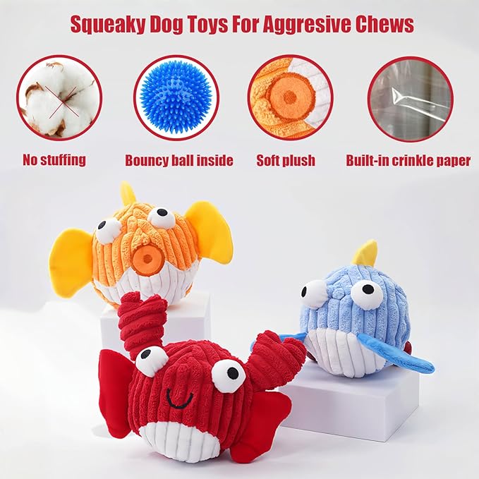 Squeak Dog Toys for Aggressive Chewers, No Stuffing Squeak Dog Chew Toys for Aggressive Chewers, Interactive Dog Toy Ball with Crinkle Paper for Medium Dogs, Large & Small Breeds (F-Whale+Fish)