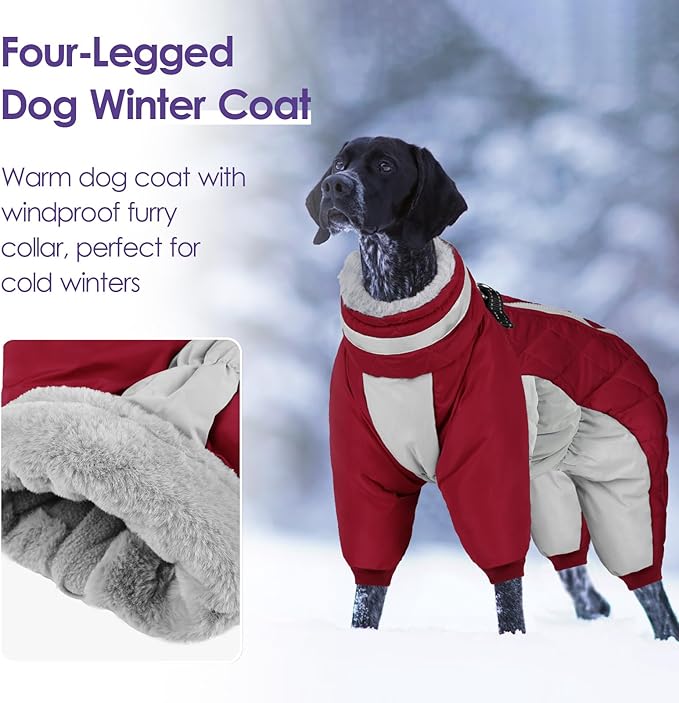 SUNFURA Full Body Dog Coat - Warm Fleece Jacket for Large Dogs, Turtleneck Winter Coats with Harness, Reflective Windproof Dog Snowsuit with Legs for Labrador,Golden Retriever, Burgundy 2XL
