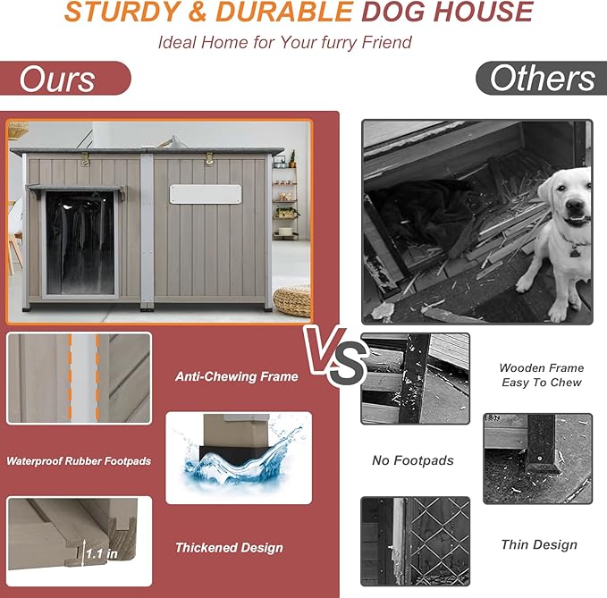 Outdoor Dog House Weatherproof, Wooden Puppy Shelter with Anti-Chewing Iron Frame and Elevated Floor, Sturdy Dog Kennel for Small, Medium & Large Dogs (Gray, 51" L x 29" W x 32" H)
