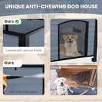 Outdoor Dog House, Small Wooden Dog House with Anti Bite Iron Frame Weatherproof Finish Outside Paw Print Dog Crate for Large and Medium Dogs, Grey