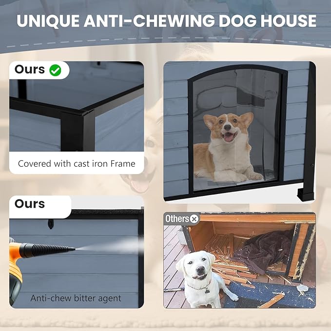 Outdoor Dog House, Small Wooden Dog House with Anti Bite Iron Frame Weatherproof Finish Outside Paw Print Dog Crate for Large and Medium Dogs, Grey