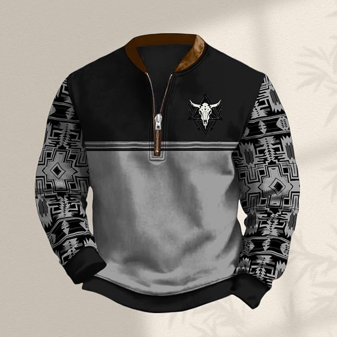 HOTYD Aztec Cowboy Jacket Men Vintage Bullhorn Printed Oversized Western Sweatshirt Long Sleeve Quarter Zip Pullover