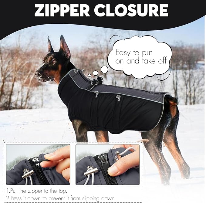 IDOMIK Warm Dog Coat with Harness, Waterproof Reflective Dog Jackets for Small Medium Large Dogs, Fleece High Collar Winter Jacket with Zipper, Pet Winter Snowsuit Clothes for Cold Weather,Black M