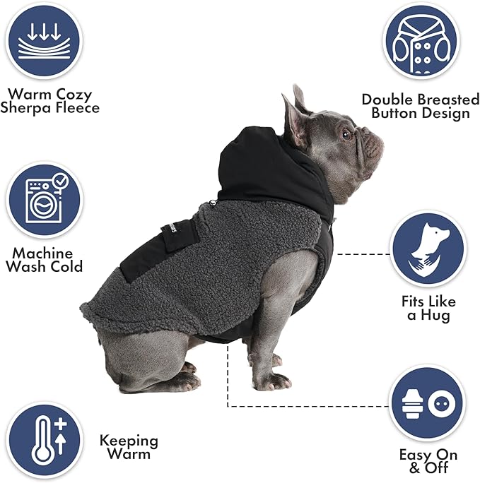 Spark Paws Reversible Dog Sweater, Sherpa Vest with Warm Fleece Lining, Warm Coat for Winter, Suitable for Small Medium, Large, XL XXL Dogs - Black and Grey - L