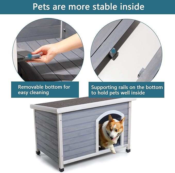 Petsfit Large Dog House, Wooden Outdoor Dog Kennel w/Hinged Roof, Weatherproof Dog Houses for Medium Dogs Outside w/Adjustable Foot Pads, 40.8" L X 26" W X 27.6" H, Grey