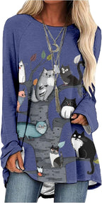 Womens Tunic Shirt Cute Cat Print Long Sleeve Round Neck Women T Shirts Cotton Casual Plus Size Vacation Tunics Tops