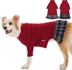 IECOii XL Dog Sweater Dress for Large Dogs Girl, Cable Knit Winter Dress for Female Dogs, Red,XLarge, Soft Girl Dog Sweater with Tartan Plaid Skirt Cute Turtleneck Knitwear for Cold Weather