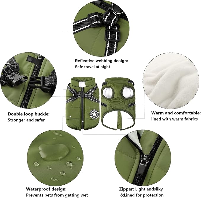 Aiboria Dog Jackets for Winter Windproof Waterproof 2 in 1 Outfit Cold Weather Coat Dog Vest Harness Puppy Winter Warm Jacket Large Green 3XL