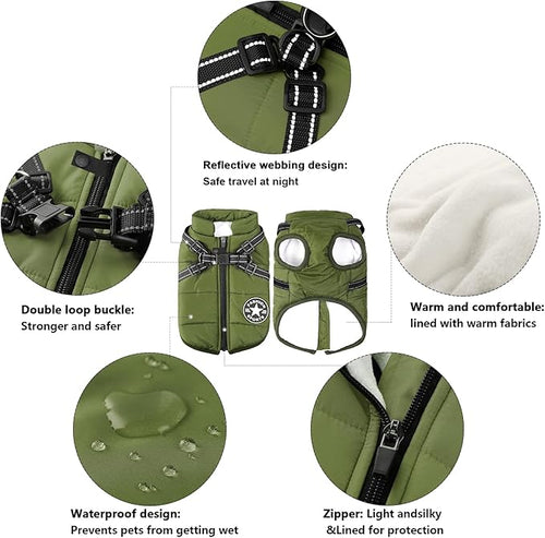 Aiboria Dog Jackets for Winter Windproof Waterproof 2 in 1 Outfit Cold Weather Coat Dog Vest Harness Puppy Winter Warm Jacket Large Green 3XL
