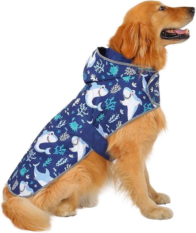 HDE Reversible Dog Raincoat Hooded Slicker Poncho Rain Coat Jacket for Small Medium Large Dogs Sharks - XL