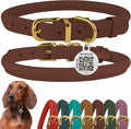 BronzeDog Rolled Leather Dog Collar with QR ID Tag, Adjustable Soft Round Collars for Small Medium Large Dogs Puppy (19" - 21" Neck Size, Cognac Brown)