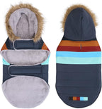 HDE Dog Puffer Jacket Fleece Lined Warm Dog Parka Winter Coat with Harness Hole Navy Retro Stripe - S
