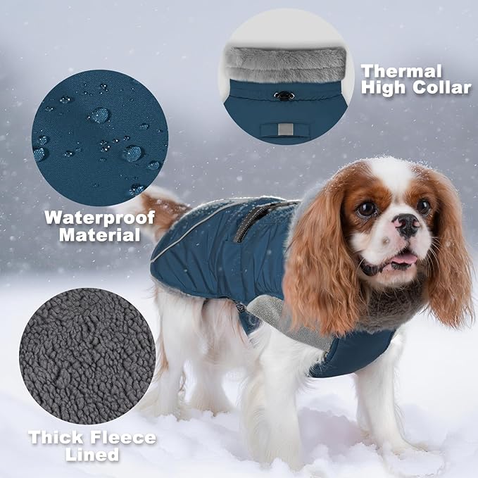 KYEESE Waterproof Dog Coat, Windproof Warm Winter Jacket with Leash Hole, Reflective Cold Weather Dog Coats for Small Dogs, Outdoor Pet Coat Cozy Puppy Jacket Thick Fleece Lined, Navy Blue, Small