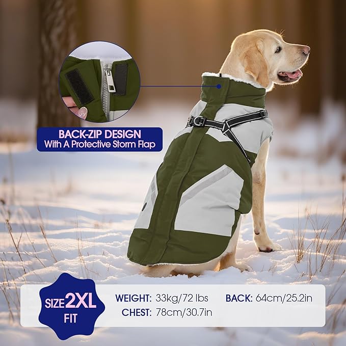 FUAMEY Dog Winter Jackets for Large Dogs,Dog Coat with Harness Built in,Waterproof Dogs Snowsuits Warm Pet Jacket Zip Up Fleece Cold Weather Coats Reflective Puppy Vest with Pocket Green 2XL