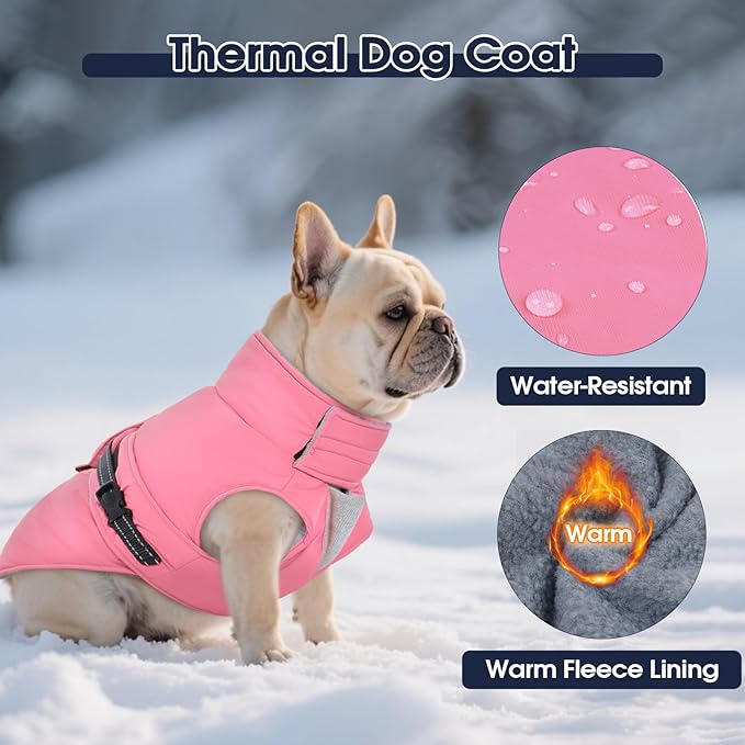 IECOii Dog Cold Weather Coats - Reflective, Adjustable & Windproof Snow Jacket for French Bulldog & Corgi, Waterproof Warm Vest with Fleece Lining for Outdoor Adventures, Pink, Size L