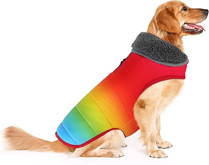 Dog Winter Coat, Waterproof Dog Jacket with Leash Hole, Reflective Adjustable Pet Snow Vest, Warm Fleece Sweater for Small Medium Large Dogs - Rainbow, L