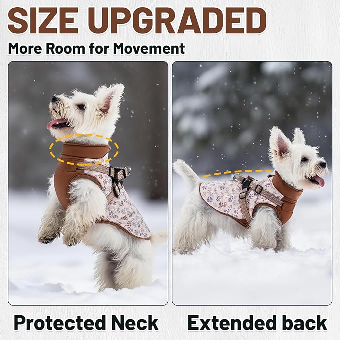Dog Winter Coat for Small & Medium Dogs (Up to 32lb), Waterproof Dog Coat with Harness, Puppies Windproof Puppy Puffer Jacket, Snowsuit for Dachshund,Frenchie, Corgi (Paw Brown, Large)