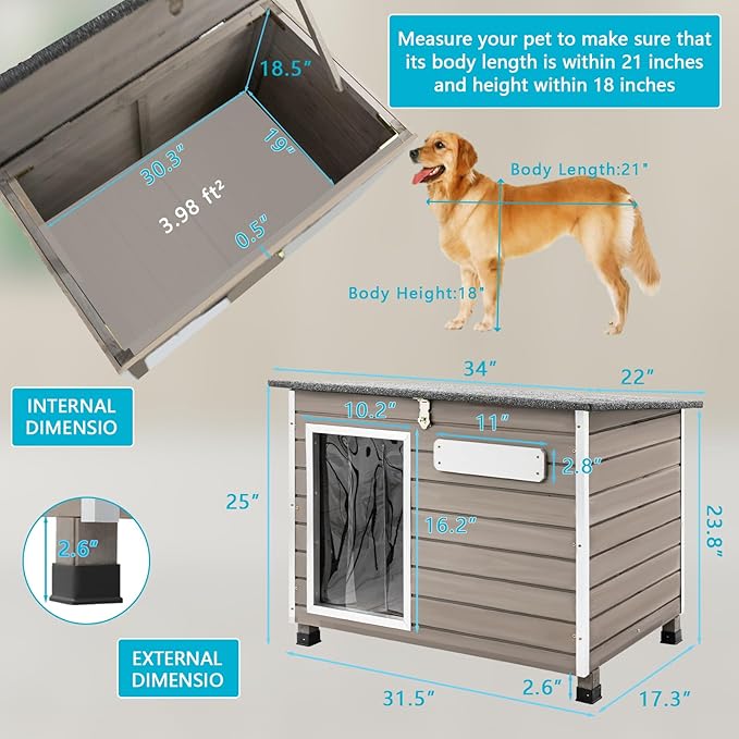 Dog House Outdoor & Indoor Wooden Dog Kennel for Medium to Large Dogs,34" L Natural Fir Wood Dog Houses with Weatherproof Roof,Removable Floors,Raised Feet