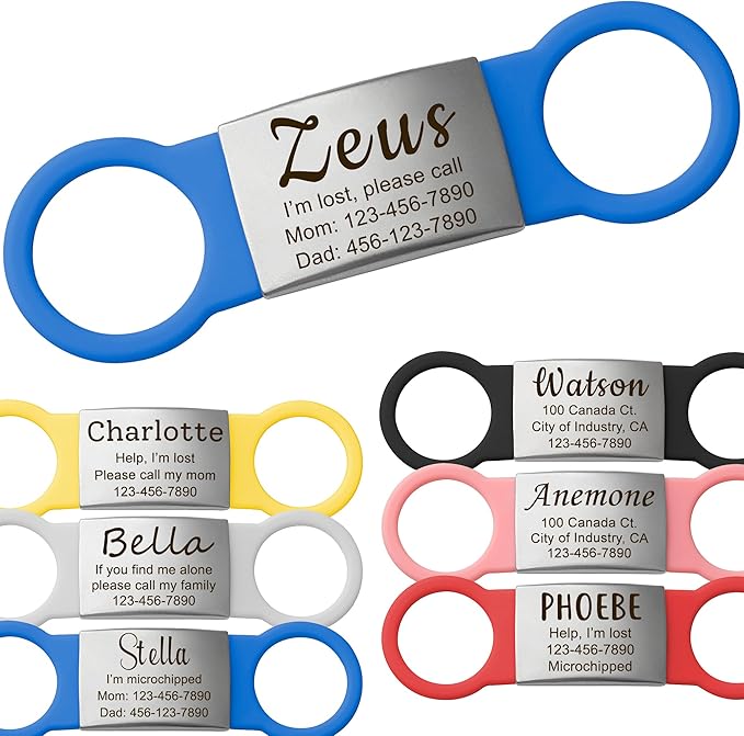 Anavia Slide On Silent Pet ID Tags, S/M/L/XL Personalized Multi-Color Silicone Band Cat Dog Name Tags, Customized Engraved Stainless Steel, Chew-Proof Quiet Dog Collar Tags (Small, Blue)