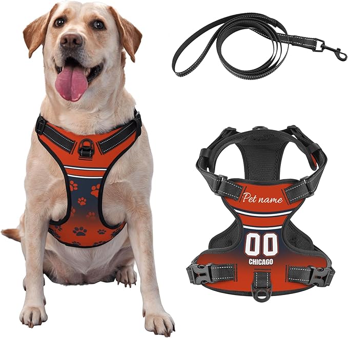 Custom Chicago Dog Harness with Reflective Stripes Personalized Name and Number Dog Vest Harness with Pet Traction Rope for Small Medium Large Dog