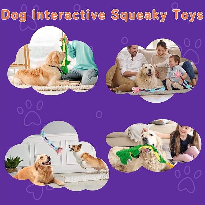 Crinkle Dog Toys Squeaky Plush No Stuffing Cute Puppy Stuffless Tough Rop Pull Toy, Fun Dog Stuffed Animals Durable Chew Set for Small Medium Large Pup (Large, Snake+Alligators)
