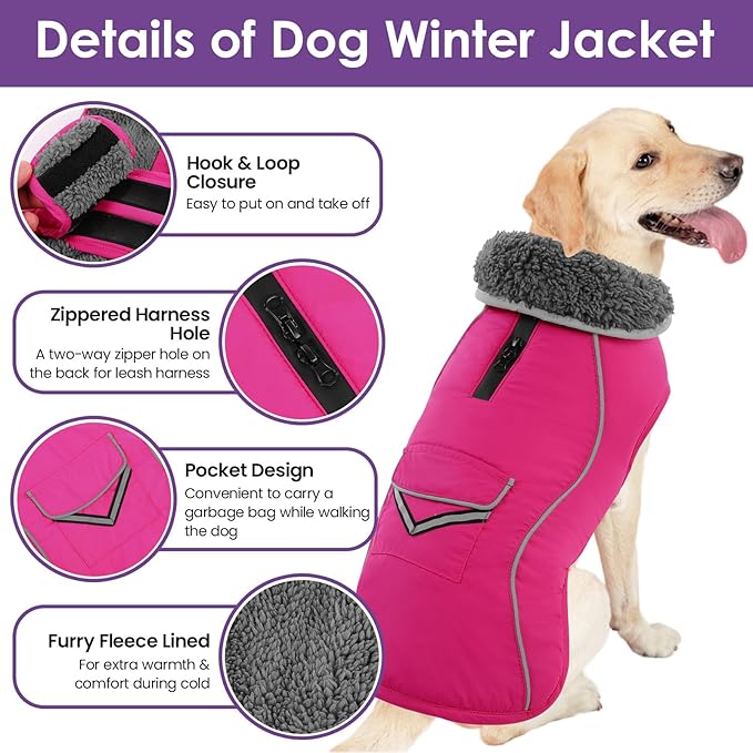 SUNFURA Dog Coat, XXXL Dog Winter Jacket, Reflective Fleece Snow Coat with Furry Collar, Waterproof Pet Puffer Jacket for Great Dane Extra Large Dogs, Hot Pink 3XL
