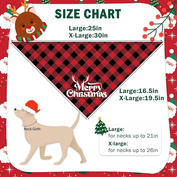 SCENEREAL Christmas Dog Bandanas 2 Pack, Puppy Xmas Santa Claus Elk Triangle Bibs Handkerchief, Reversible Holiday Dog Bandana for Boy and Girl, Premium Pet Scarf for Small Medium Large Dogs L