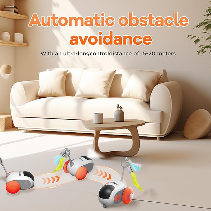 Turbo Tail 3.0 Interactive Cat Toy - Smart Remote Control Electric Mouse with Feathers, 3 Play Modes (Smart/Manual/Standby), Auto Obstacle Avoidance, Type-C, 8H Playtime - Orange (1PC)