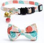 2 Pack Cotton Christmas Cats Collar with Bow Tie Beige Red Green Cat Collars for Girl Female Boy Male Cat Collar with Bell Christmas Trees Charms