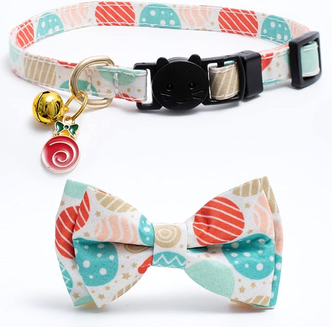 2 Pack Cotton Christmas Cats Collar with Bow Tie Beige Red Green Cat Collars for Girl Female Boy Male Cat Collar with Bell Christmas Trees Charms
