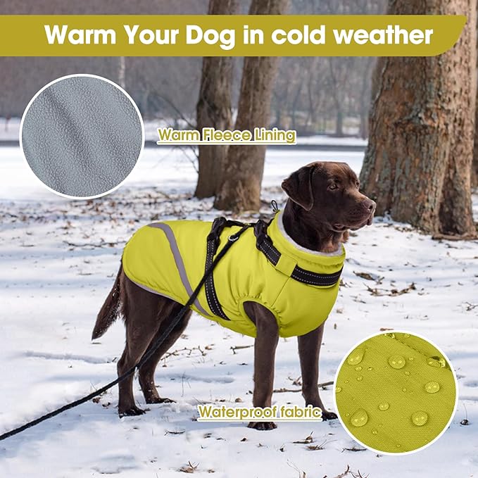 BRKURLEG Dog Winter Jackets for Large Dogs, Dog Coat with Harness Built in, Dogs Snowsuits with Zipper, Waterproof Windproof Pet Puffer Jacket Fleece Vest for Beagle, Pitbull, Green XL