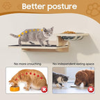 MeowHomm Cat Wall Shelves, Wood Cat Feeding Shelf with 4 Non-Slip Steps, 2 Food Bowls, Wall-Mounted Furniture for Kittens