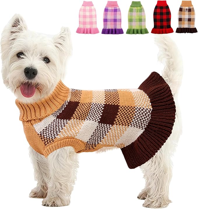 Dog Sweater Dress Plaid Knitwear for Small Medium Dogs Warm Puppy Pet Turtleneck Stretch Pullover Cute Fall Winter Vest Clothes with Leash Hole for Christmas (Coffee, S)