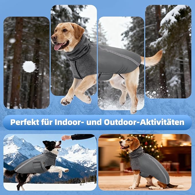 SlowTon Winter Dog Coat, Warm Polar Fleece Lining Doggie Outdoor Jacket with Turtleneck Scarf Reflective Stripe Adjustable Waterproof Windproof Puppy Vest Soft Pet Outfits (S,Grey)