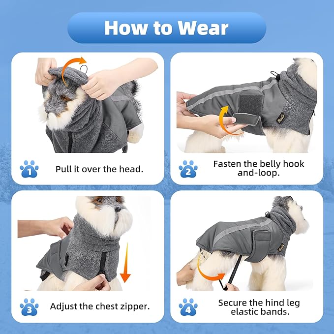 SlowTon Winter Dog Coat, Warm Polar Fleece Lining Doggie Outdoor Jacket with Turtleneck Scarf Reflective Stripe Adjustable Waterproof Windproof Puppy Vest Soft Pet Outfits (XXL,Grey)