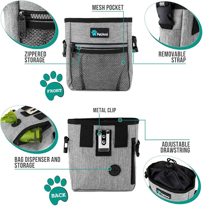 PetAmi Dog Treat Pouch, Pet Treat Pouch for Training, Dog Walking Bag Holder for Kibbles, Pet Food Toy, Dog Trainer Essentials Supplies, Poop Bag Dispenser, 3 Ways to Wear (Heather Gray)