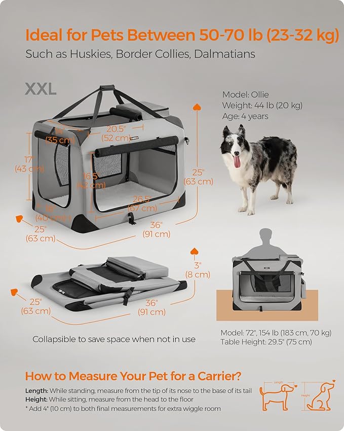 Feandrea 36 Inches Collapsible Soft Dog Crate, Portable Travel Dog Crate for Indoor and Outdoor Use, Dog Carrier Kennel with Safety Zippers, for Living Room, Car, Travelling, Smoke Gray UPDC090G02
