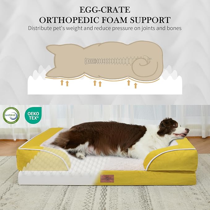 Comfort Expression Orthopedic Dog Bed for Large Dogs 38x25 Inch, Waterproof Egg Crate Foam Large Pet Bed with Removable Bolsters, Dog Couch with Washable Cover & Non-Slip Bottom, Spicy Mustard