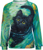 Long Sleeve Shirts for Women Cat Oil Painting Shirt 3D Graphic Sweatshirts Fall Pullover Crewneck Vintage Boho Tops