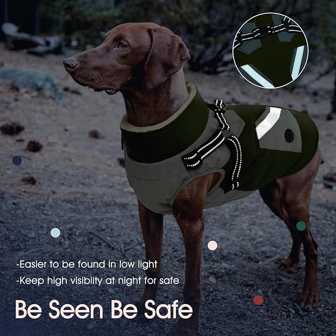 IECOii Dog Jacket Winter Harness Built in -Green,XXXLarge- Zip Up Dog Coat Winter Clothes for Large Dogs Waterproof, Dogs Snowsuit Snow Jacket D-Rring Labrador German Shepherd Doberman Rottweiler