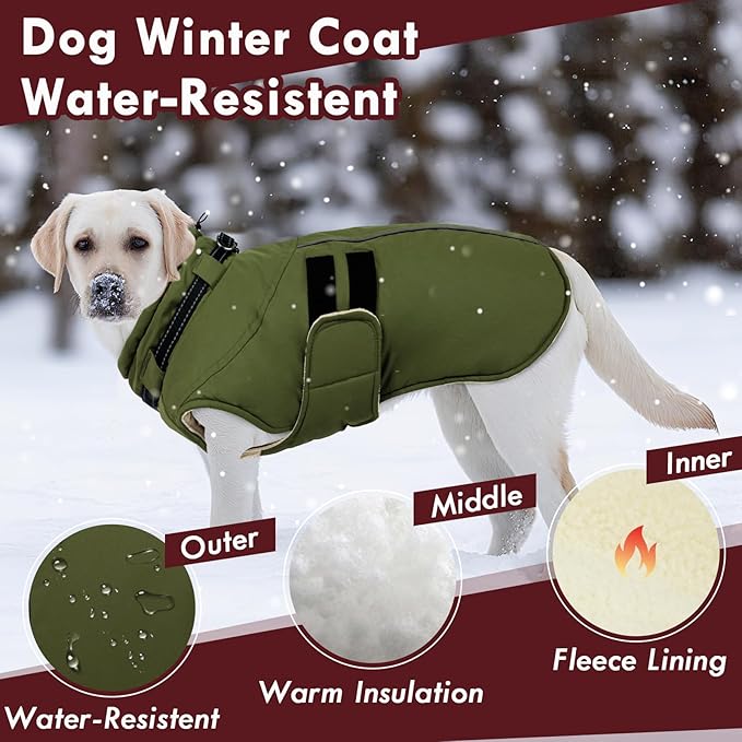 Dog Jackets for Large Dogs, Waterproof Winter Coat with Harness Built-in, Reflective Adjustable Hook&Loop Snowsuit, Warm Cold Weather Coats for Big Dogs Great Dane Doberamn, XXXXL Green