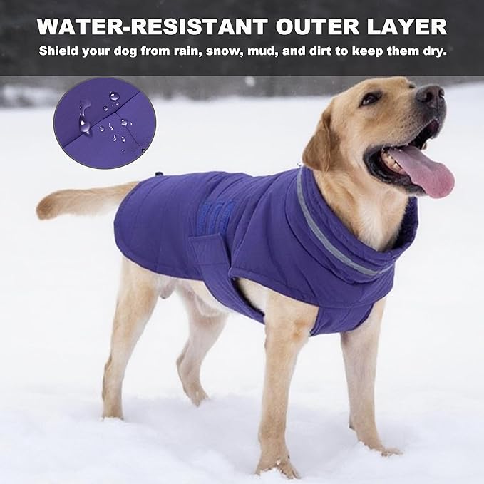 Dog Coat, Waterproof Winter Jacket, Warm Windproof Vest, Reflective Adjustable Turtleneck Coats for Medium and Large Dogs with Hook & Loop - Purple - L