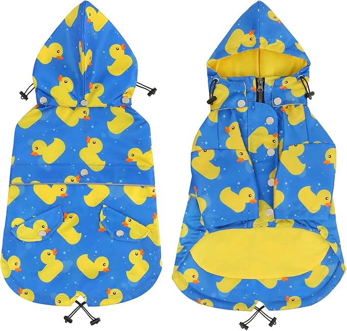 HDE Dog Raincoat Poncho Double Layer Zip Rain Jacket with Removable Hood, Leash Hole for Small to 3XL Dogs and Puppies Ducks Blue - 3XL