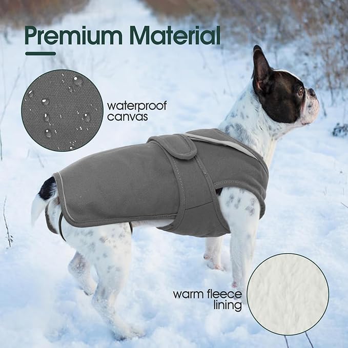 Kuoser Canvas Dog Coat, Warm Dog Jacket Reflective Fleece Pet Cold Weather Coat, Warm Doggie Clothes Waterproof Winter Vest with Zipper Leash Hole for Small Medium Large Dogs, Grey M