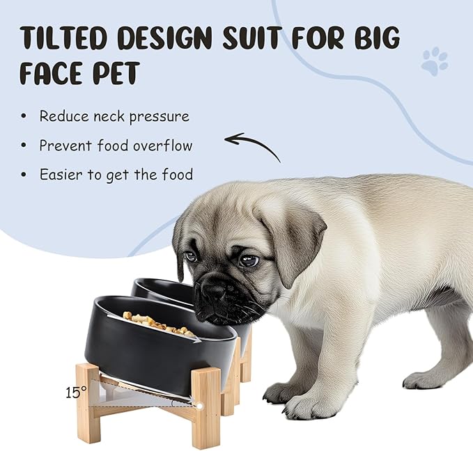SPUNKYJUNKY 15° Slanted Ceramic Dog and Cat Bowl with Wooden Stand, Tilted Bulldog Food and Water Bowl No Slip Non-Spill for Cats Medium Dogs Big Face Pets 28.7 OZ (3.6 Cups, Black × 2)