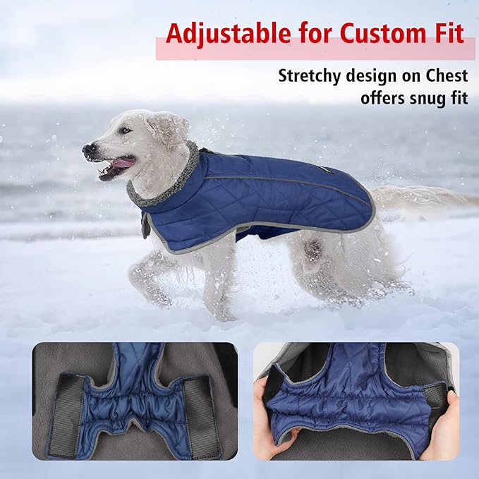 Fragralley Dog Coat Large, Waterproof Dog Jacket with Warm Fleece Lining, Adjustable Reflective Dogs Winter Coat, Turtleneck Pet Coats for Cold Weather (Blue XXL)