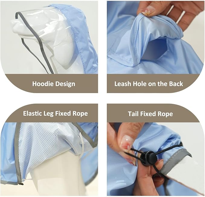 MAMORE Dog Raincoat Waterproof, Lightweight Adjustable Dog Rain Coat Hooded Poncho with Reflective Strip for Large Medium Small Dogs(Light Blue, Large)
