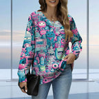 Women's Cat Printed Sweater Oversized Cable Knit Long Sleeve Christmas Clothes Casual Autumn Winter Fashion Tops