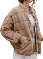 LIZALIG Warm Padded Coat for Women Full Zip Quilted Jackets Winter Oversized Causal Solid Color Stand Collar Pockets Coat