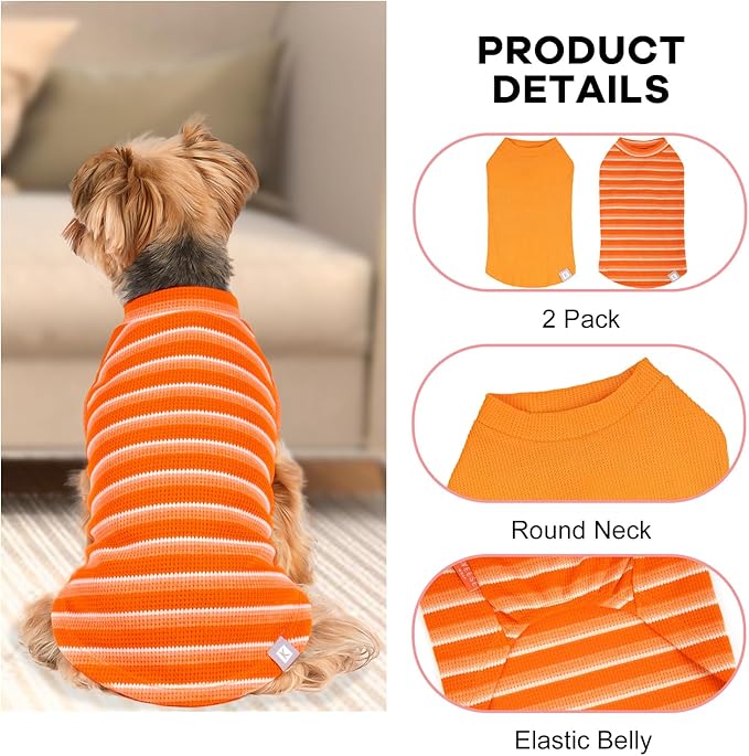 KYEESE 2Pack Waffle Dog Shirts for Small Dogs Stretchy T-Shirts Lightweight Tank Top Sleeveless Striped Shirt Vest Breathable Cat Shirt, X-Large, Orange+Striped